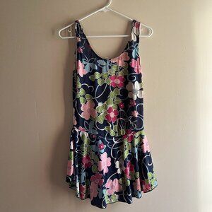 Hawaiian Floral One Piece Swimsuit with Skirt Tropical Resort Bathing Suit